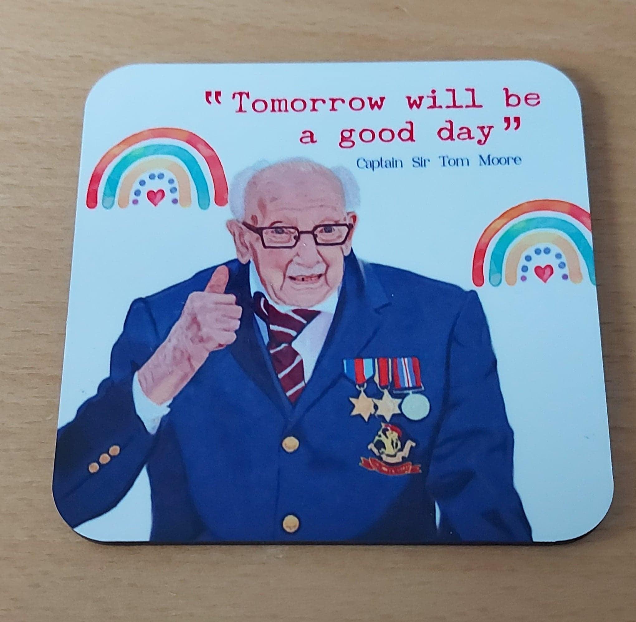 NHS Hero-Captain Sir Tom Moore - Tomorrow will be a good day - Inspirational - motivational heart shaped coaster - NHS -Rainbow