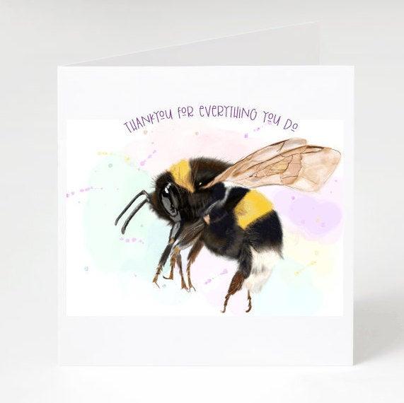 Thankyou card with Bumblebee, NHS, Keyworker, General greetings card,  female, Male, open card, bees