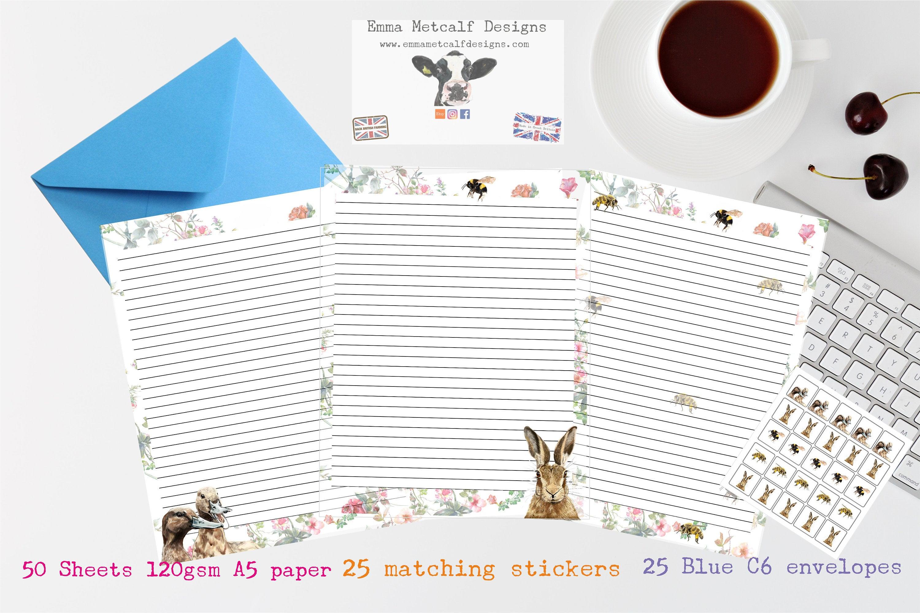 Beautiful lined paper- A5- letter writing set-Writing paper-Duck- Bee-Hare  -Envelopes- Stickers- Let