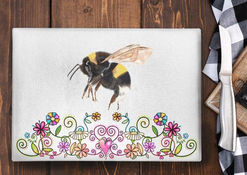 Colourful Bee - Bumblebee Glass  Chopping board - Bee  surface saver- Kitchen items - Kitchen Decor - Housewarming gift