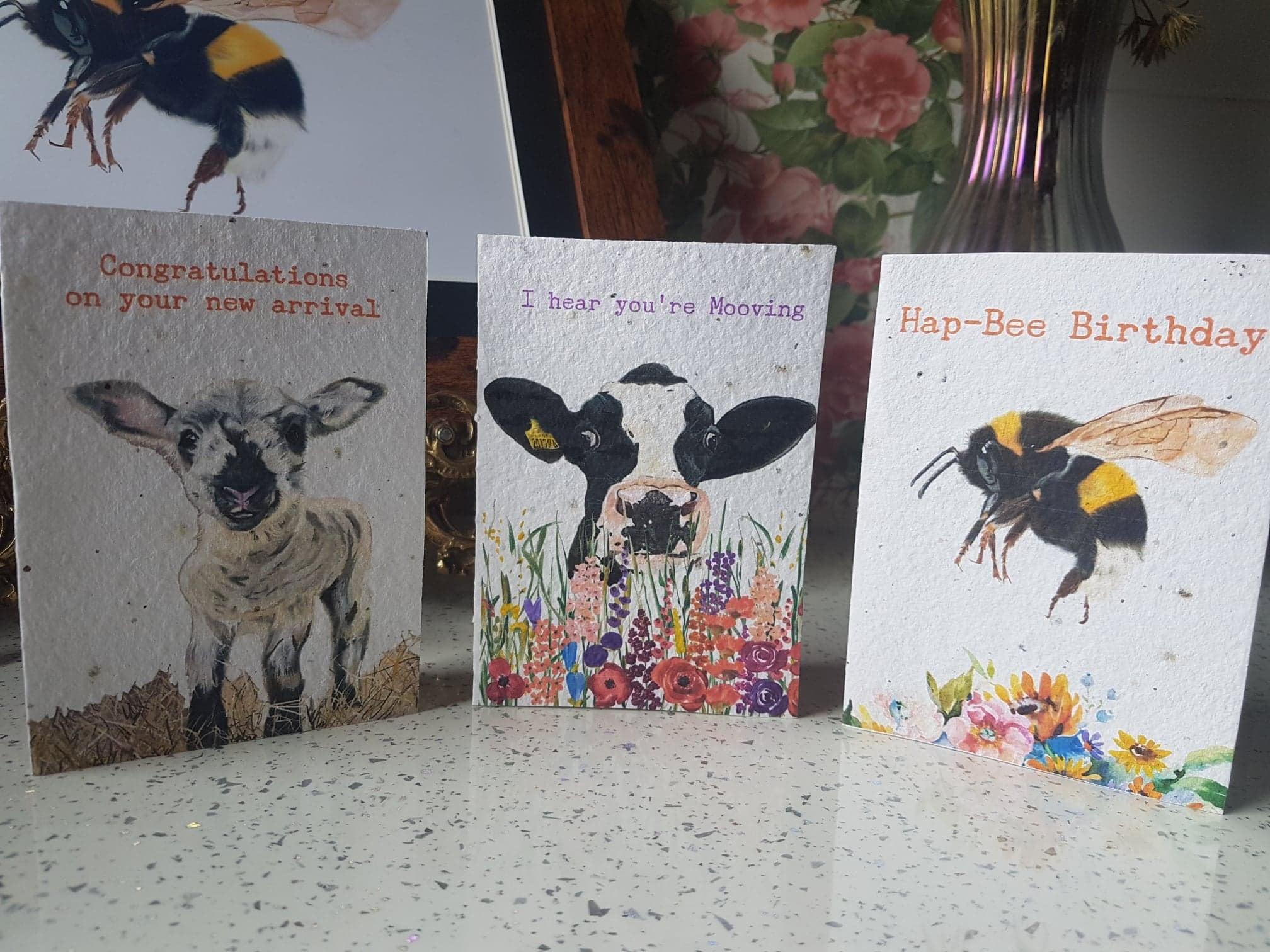 PLANTABLE  Seed Cards- Bee Cards - Wildflower cards - New Home cards - Moving cards - flower bomb cards- Holstein cow-Dairy cow card