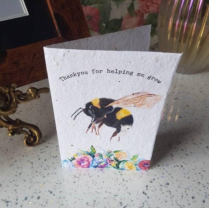 PLANTABLE Teacher Seed Cards- Bee Cards - Wildflower cards - Teacher thankyou cards -Thankyou for helping me grow