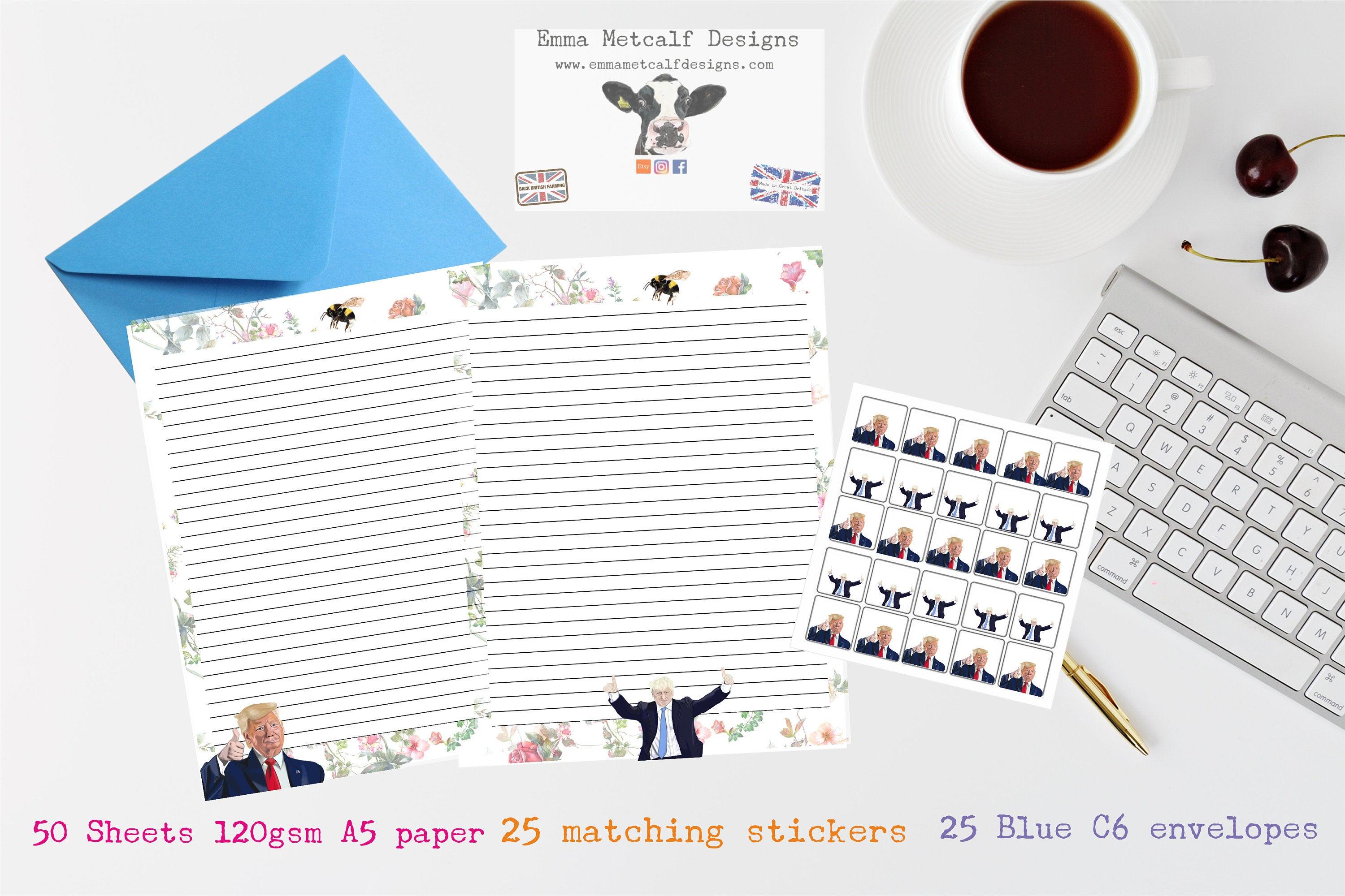 Beautiful lined paper- A5- letter writing set-Writing paper- Boris Johnson- Donald Trump -Envelopes- Stickers- Letter writing- Penpal letter