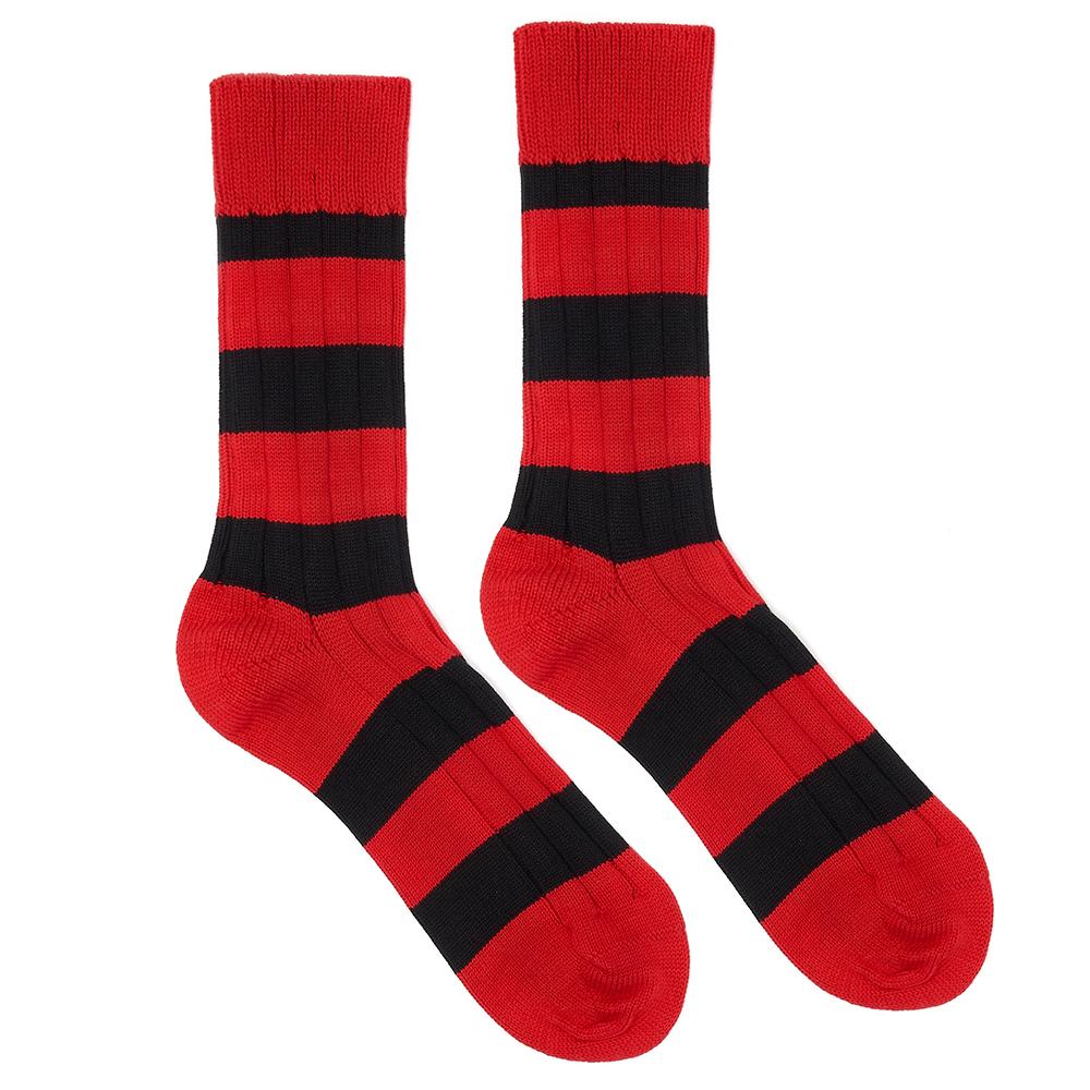 Marko John's Somerville College socks in black and red stripes