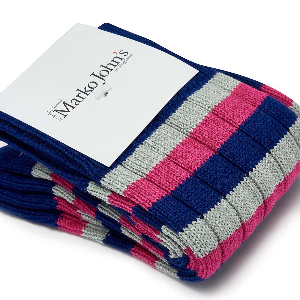 Marko John's Pembroke College socks in blue, pink and grey stripes