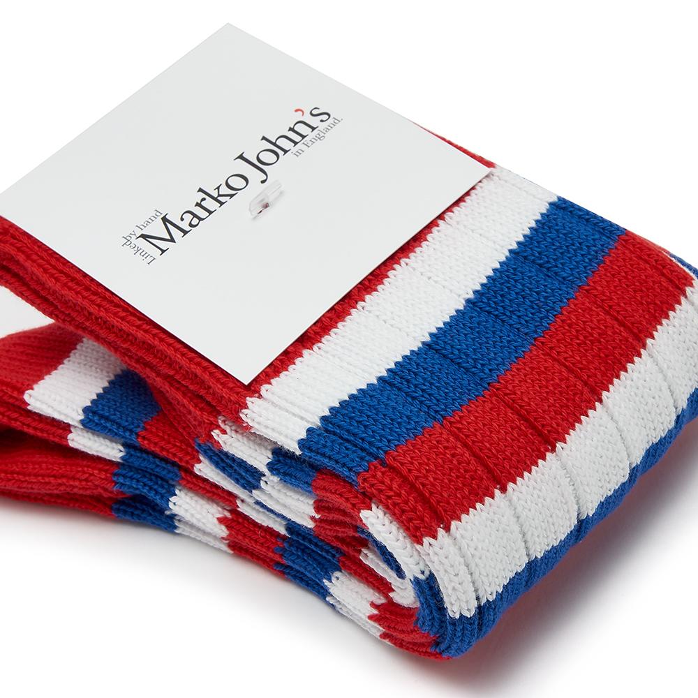 Marko John's Team GB socks in red, white, and blue stripes