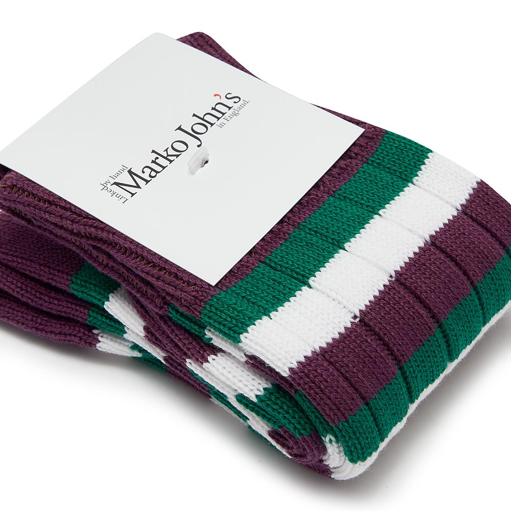 Marko John's Wimbledon Stripes socks in purple, green, and white stripes