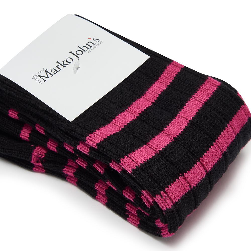 Marko John's Worcester College socks in black and pink stripes