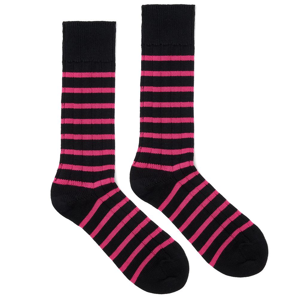 Marko John's Worcester College socks in black and pink stripes