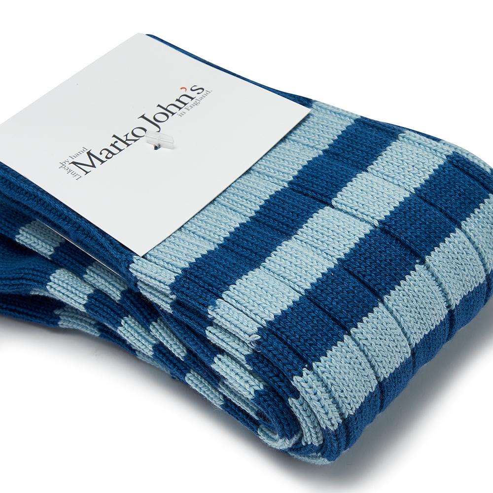 Marko John's Oxbridge socks in light and dark blue stripes
