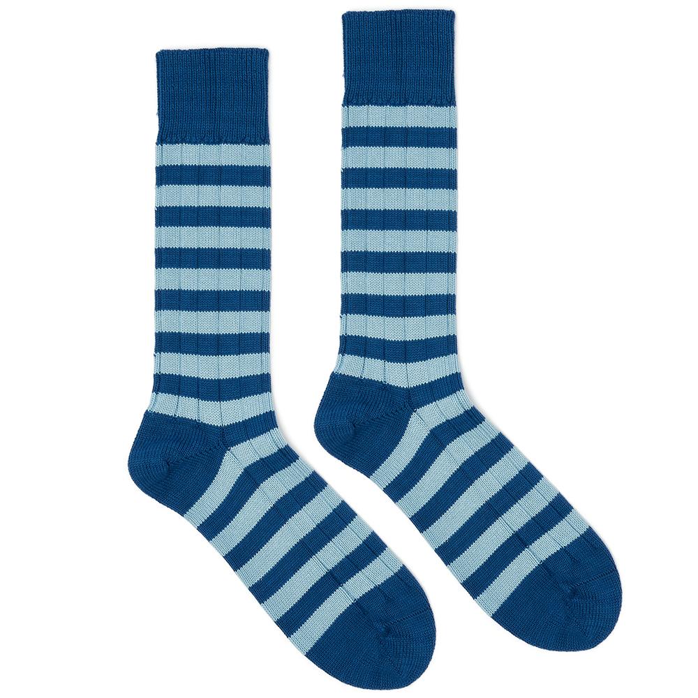 Marko John's Oxbridge socks in light and dark blue stripes
