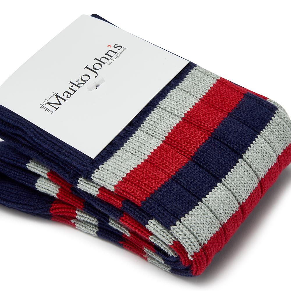 Marko John's St. Anne's College socks in blue, red, and grey stripes