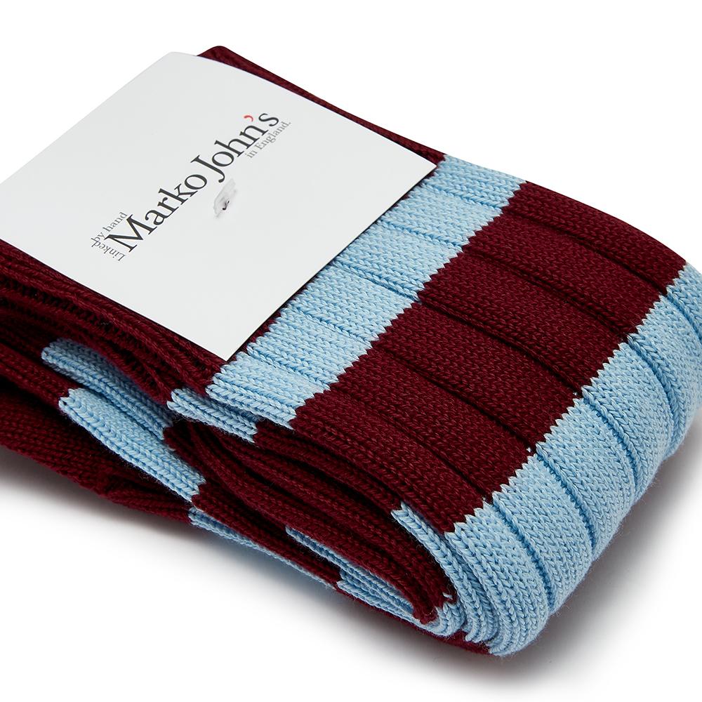 Marko John's St. Catz College socks in claret and light blue stripes