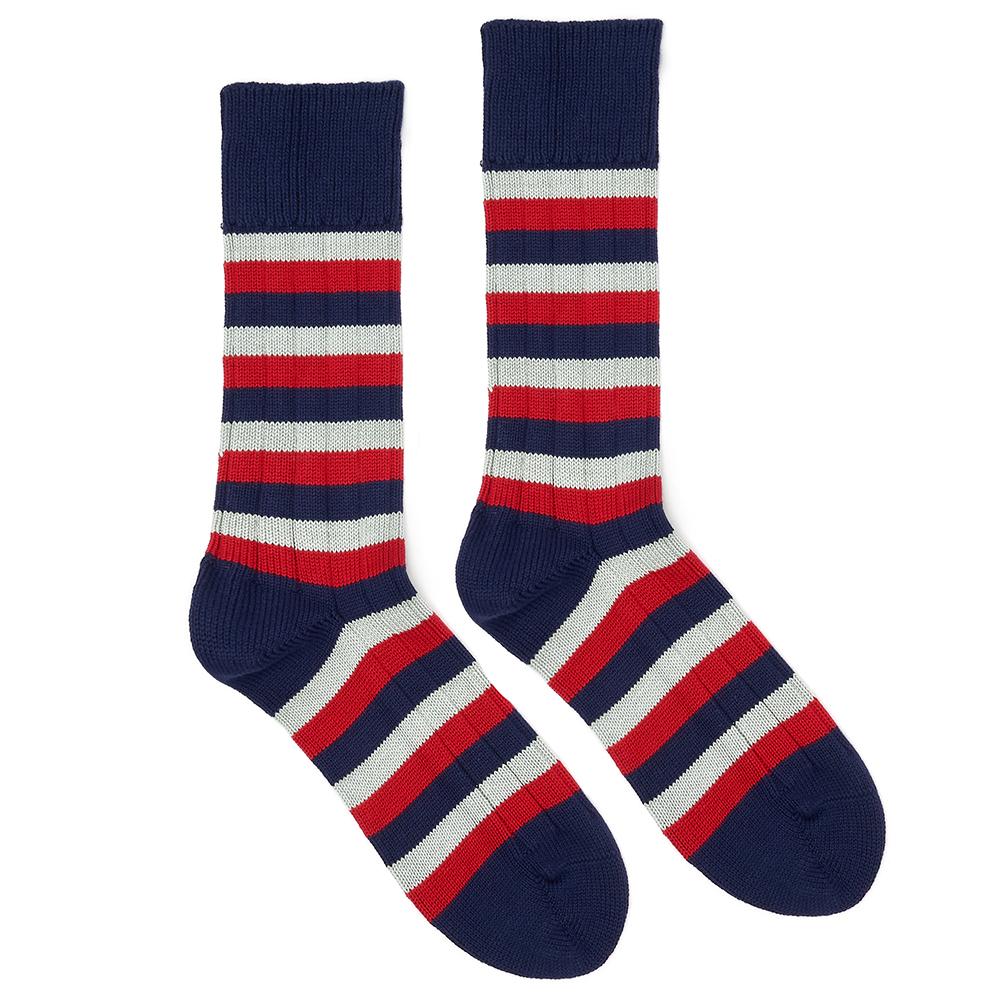 Marko John's St. Anne's College socks in blue, red, and grey stripes