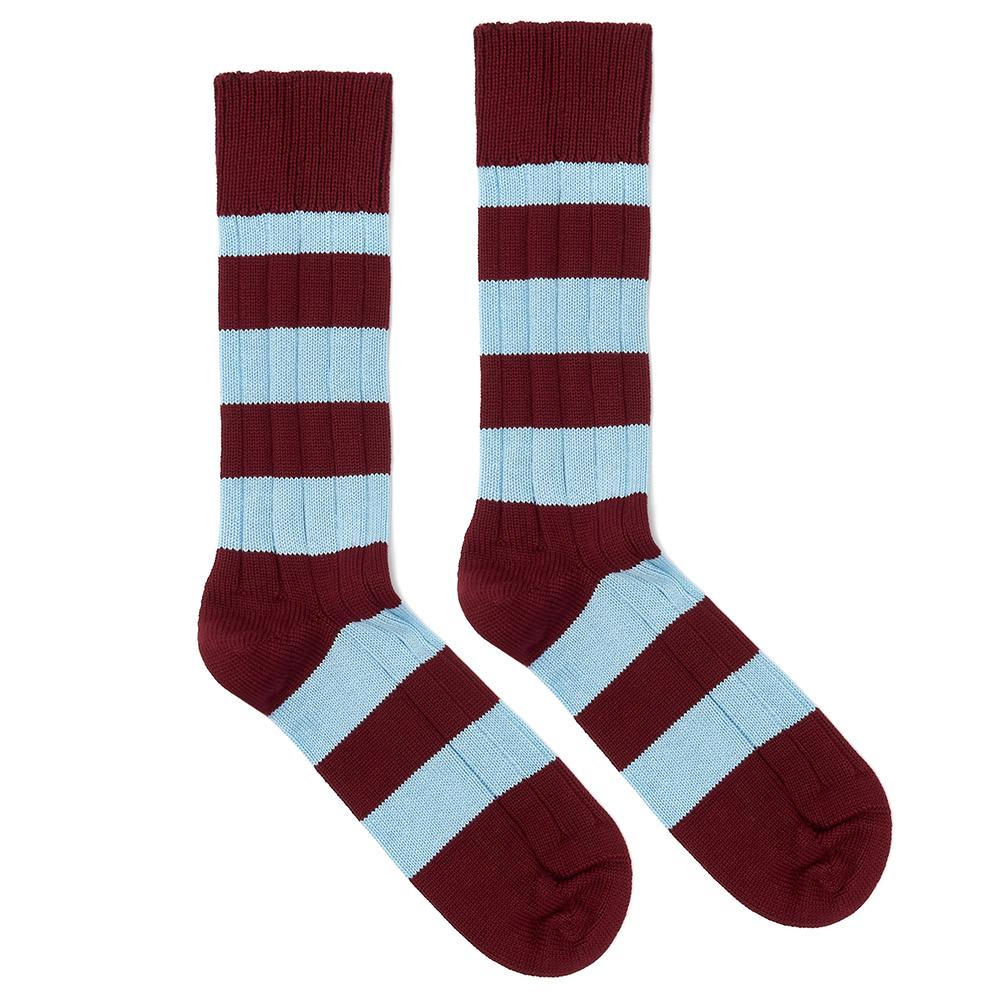 Marko John's St. Catz College socks in claret and light blue stripes