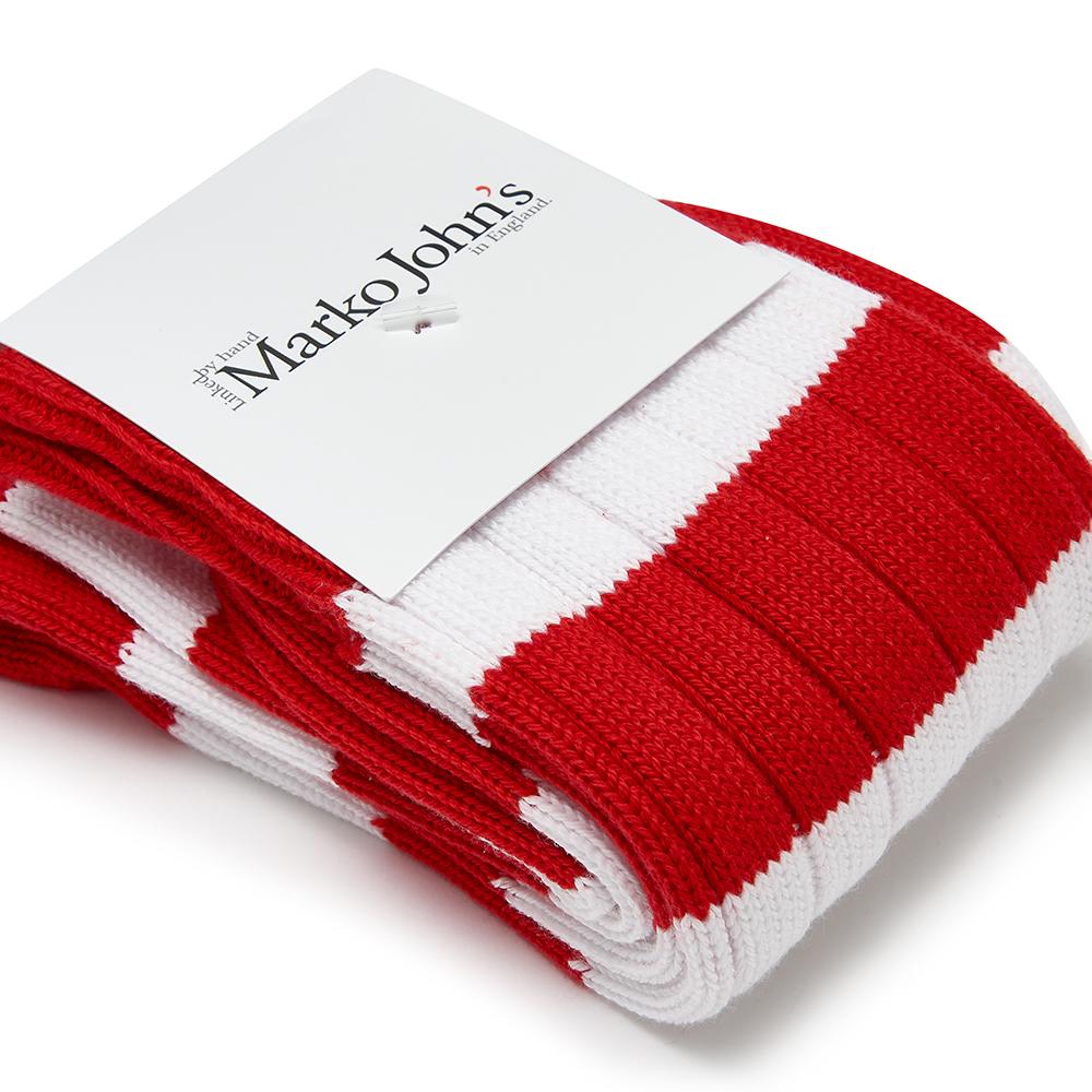 Marko John's Potters socks in bright red and white stripe