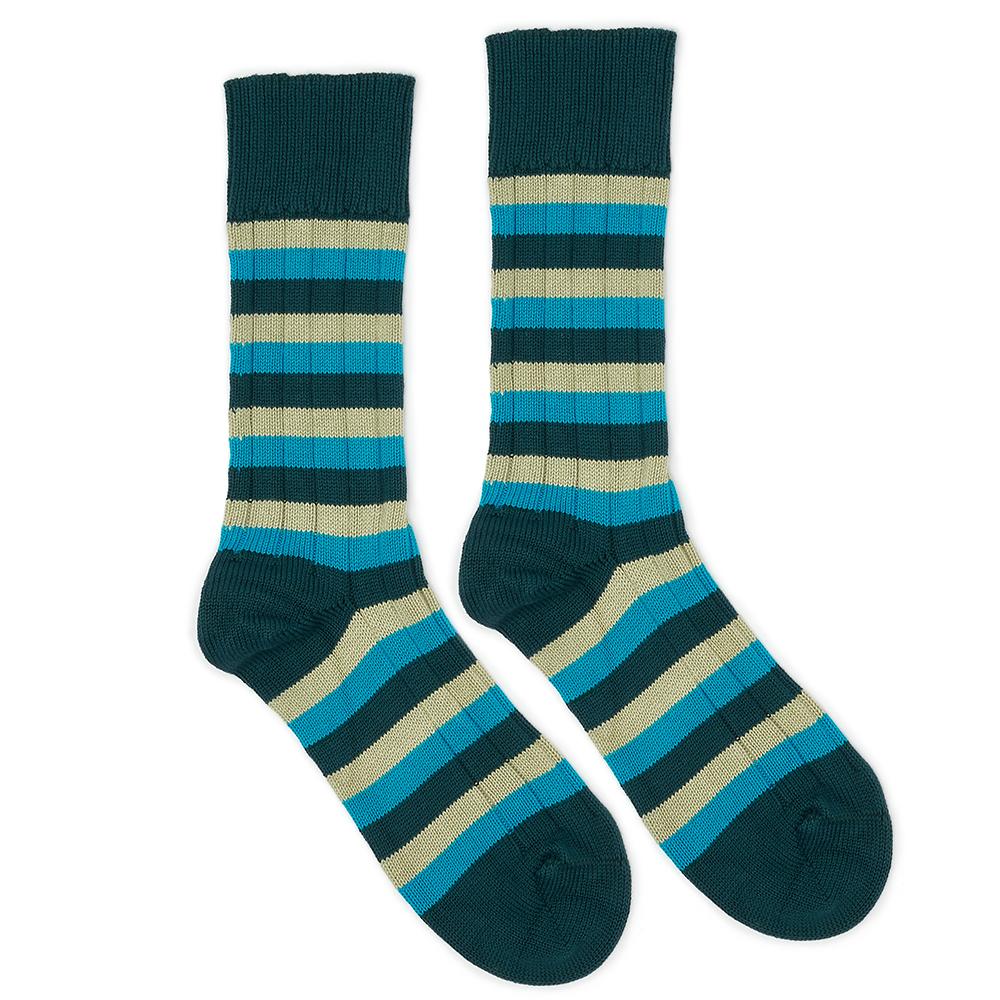 Marko John's Petrel socks in green and aqua stripes