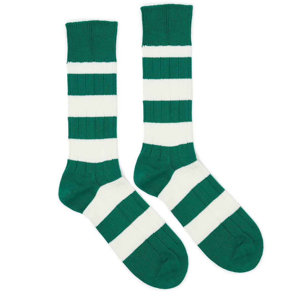 Marko John's Jesus College socks in green and white stripes