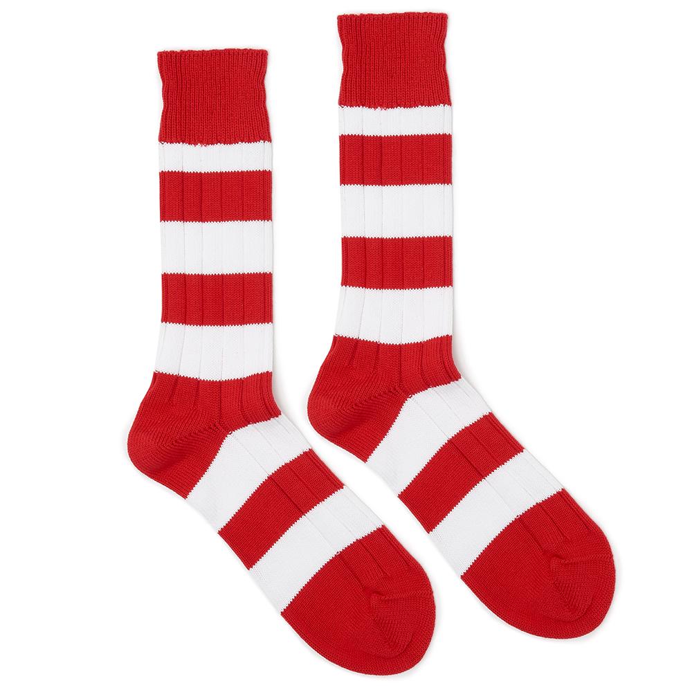 Marko John's Potters socks in bright red and white stripe