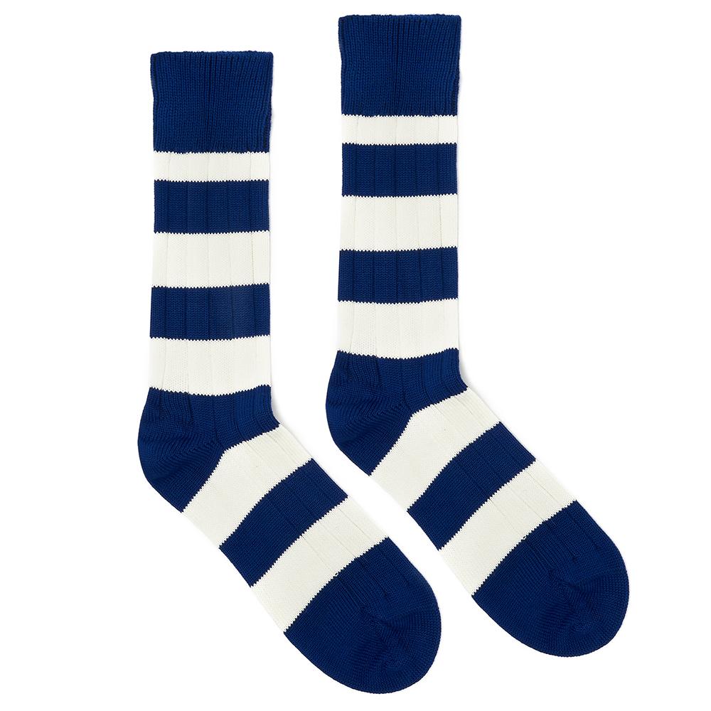 Marko John's Queen's College socks in blue and white stripes