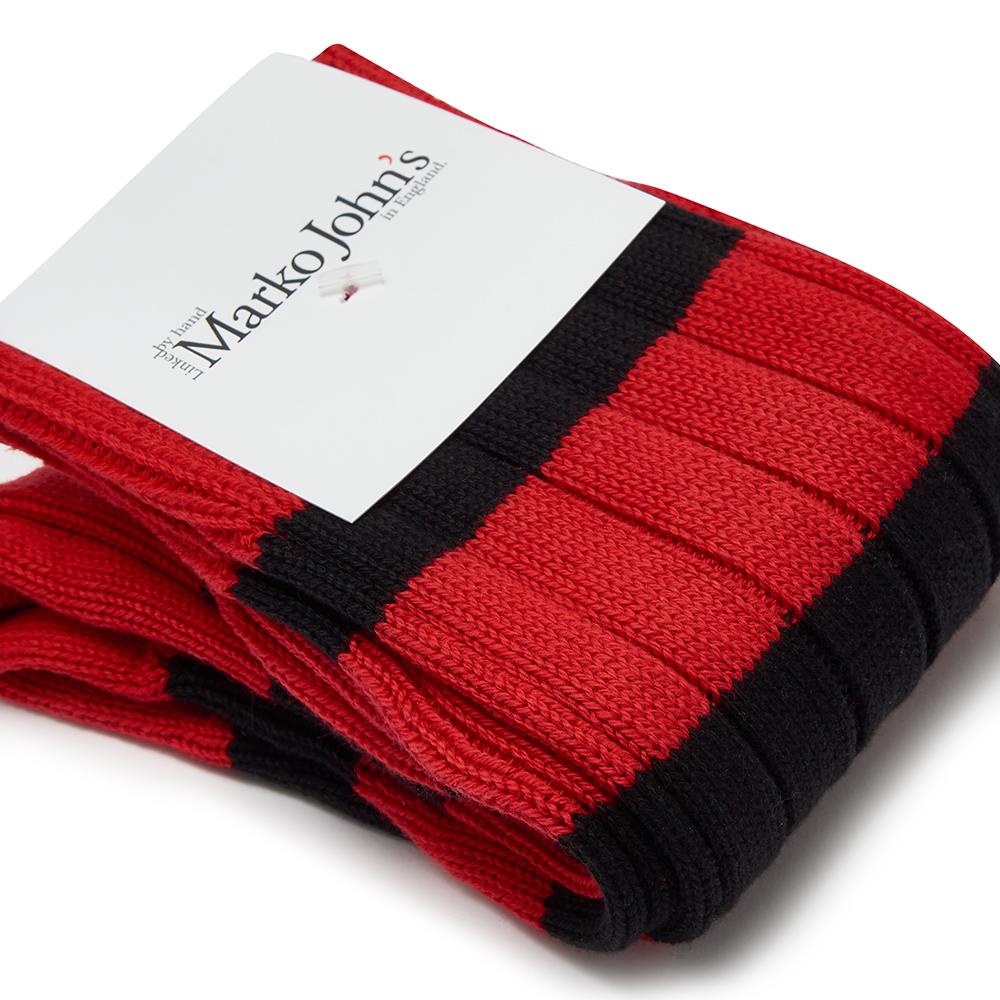 Marko John's Somerville College socks in black and red stripes