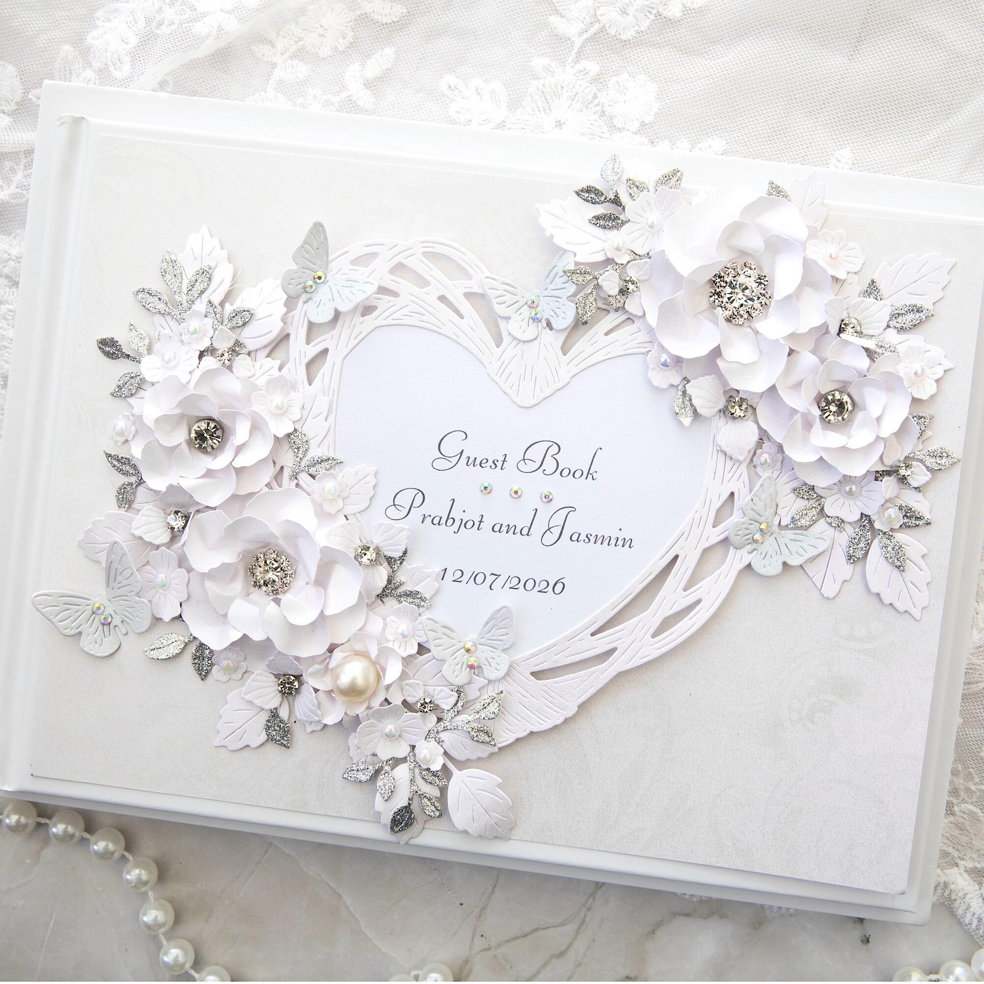 Luxury handmade silver wedding guest book with 3D white paper flowers, silver glitter leaves, butterflies, pearls and crystals UK