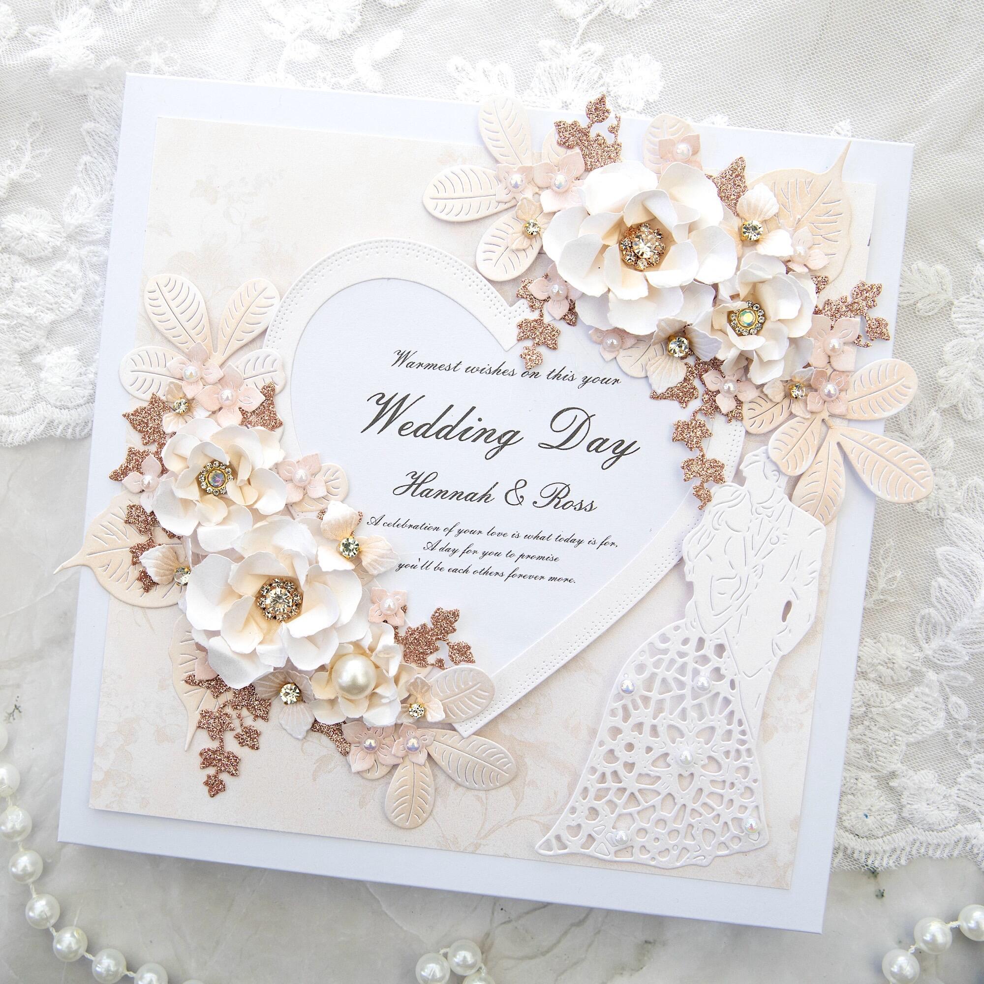 Luxury handmade rose gold wedding card with 3D blush ivory paper flowers, crystals, pearls and lace bride groom silhouette UK