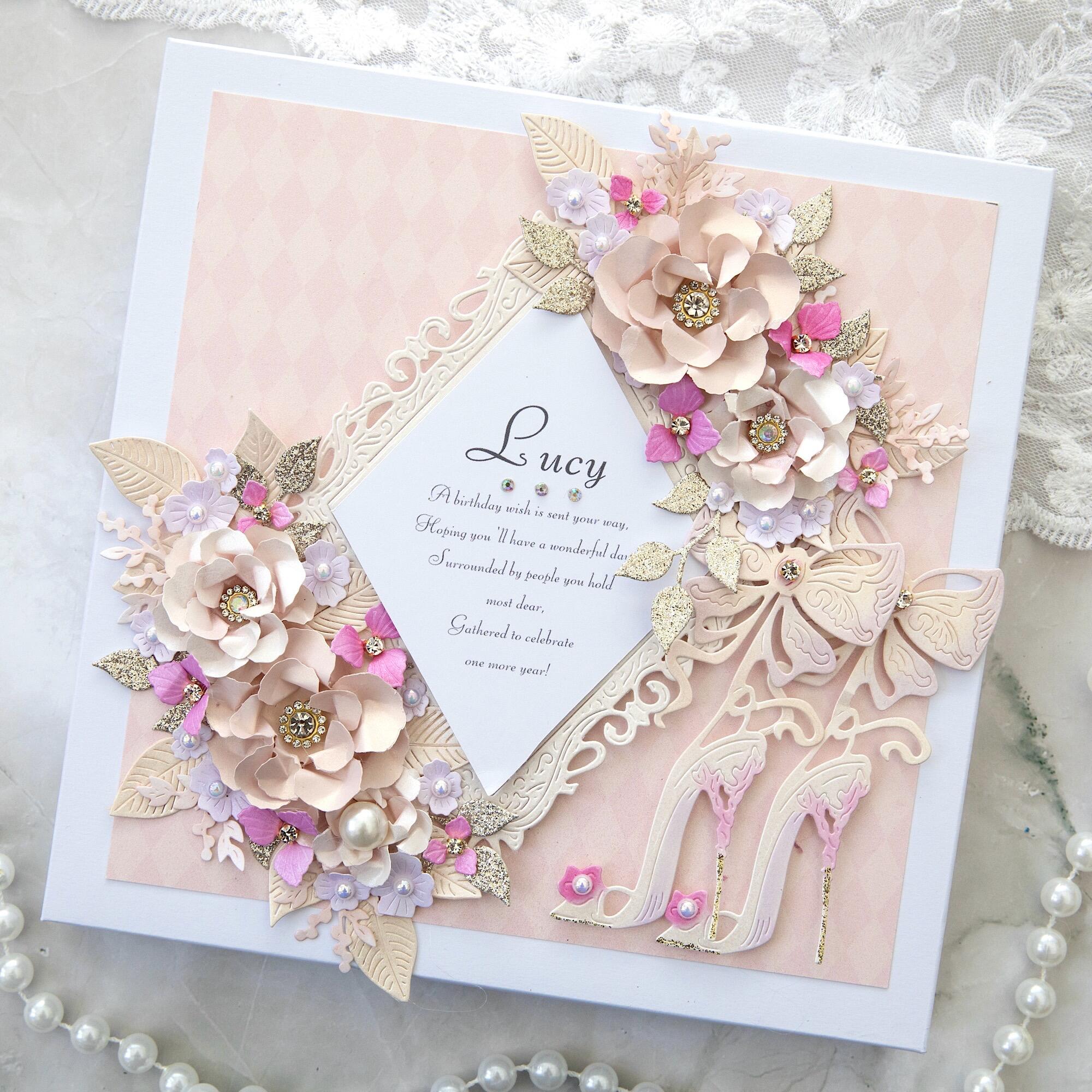Luxury handmade birthday card for her from Leicestershire with peach 3D flowers, gold glitter leaves, stiletto heels, personalised for Lucy, glam gift boxed