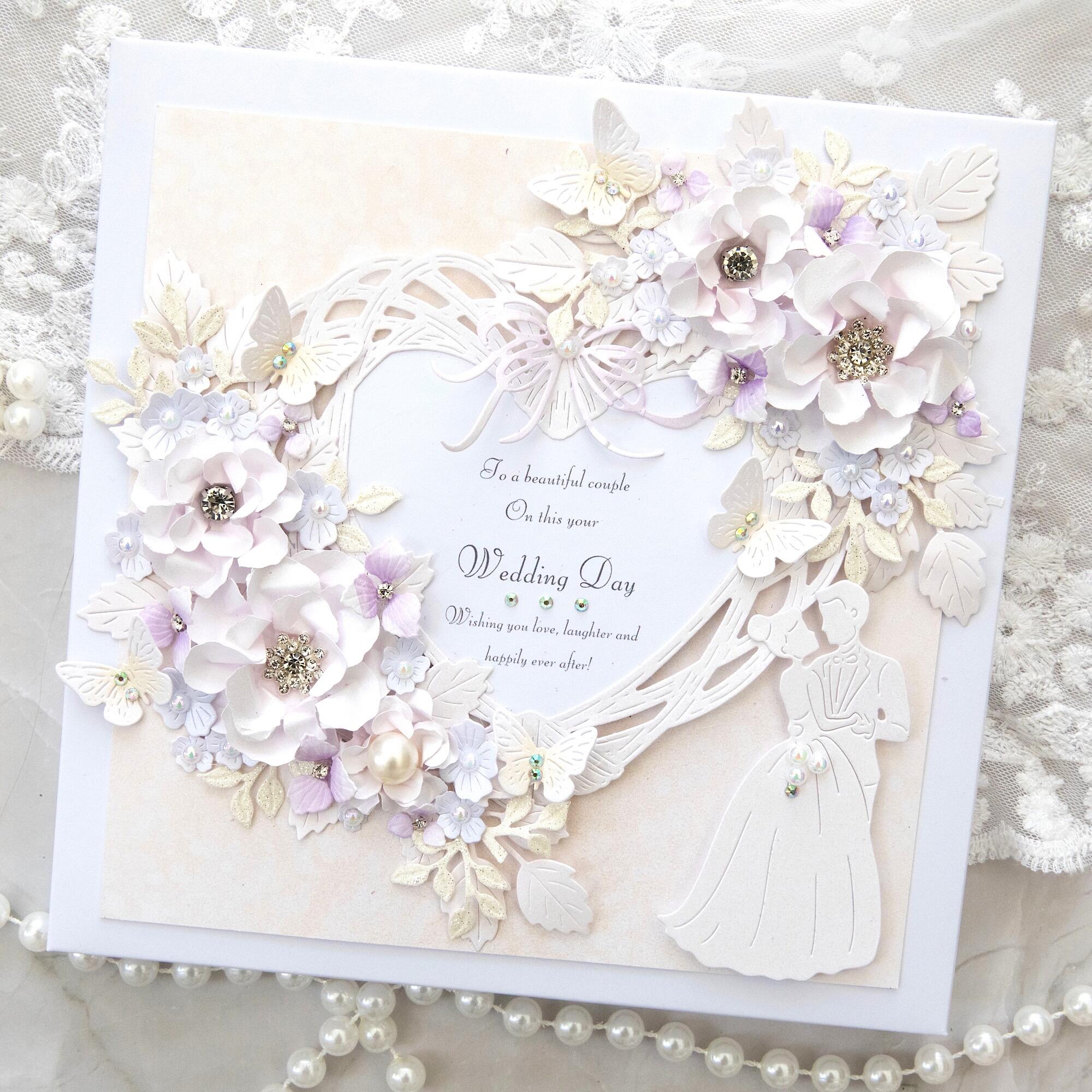 Handmade 3D wedding card with lilac and ivory paper flowers, butterflies, lace effect heart frame, pearls and bride groom silhouette