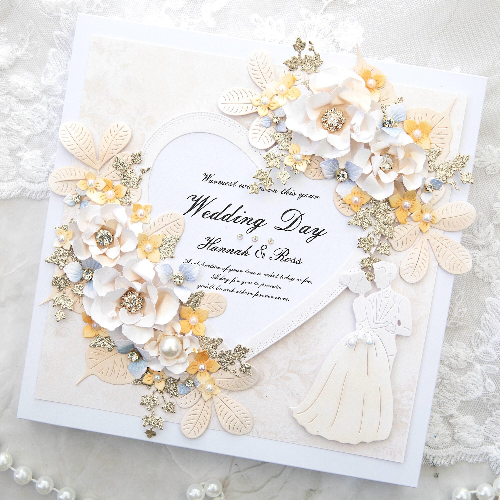 Luxury handmade something blue wedding card with 3D peach powder blue flowers, gold leaves, crystals and bride groom UK