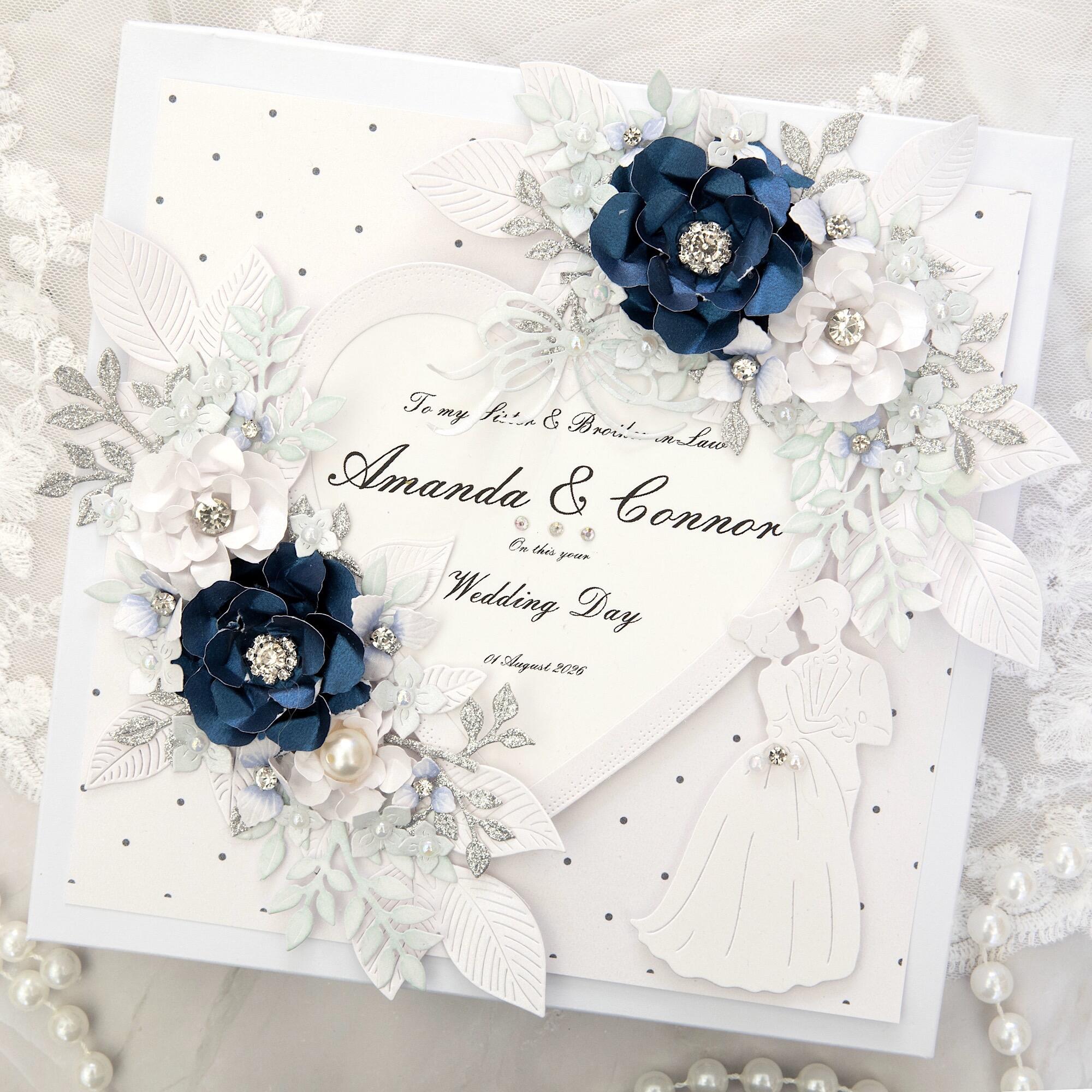 Luxury handmade wedding card for sister and brother in law with navy blue 3D flowers, bride groom silhouette, personalised keepsake gift boxed UK