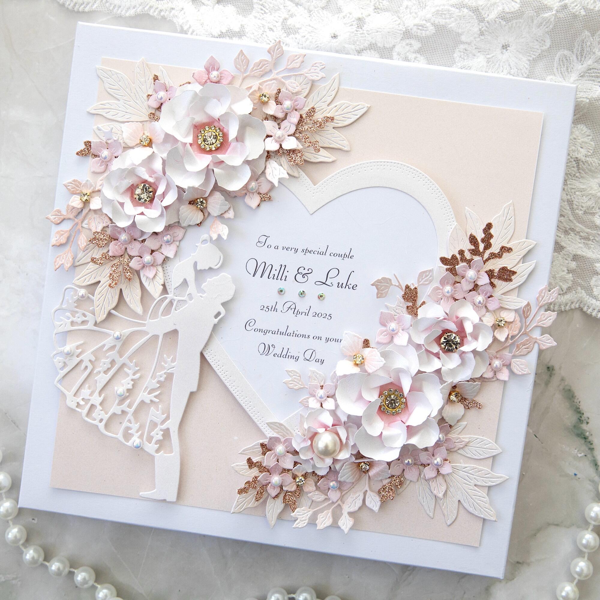 Luxury handmade 3D wedding card with blush pink and ivory paper flowers, rose gold glitter leaves, crystal centres and bride groom silhouette in white gift box