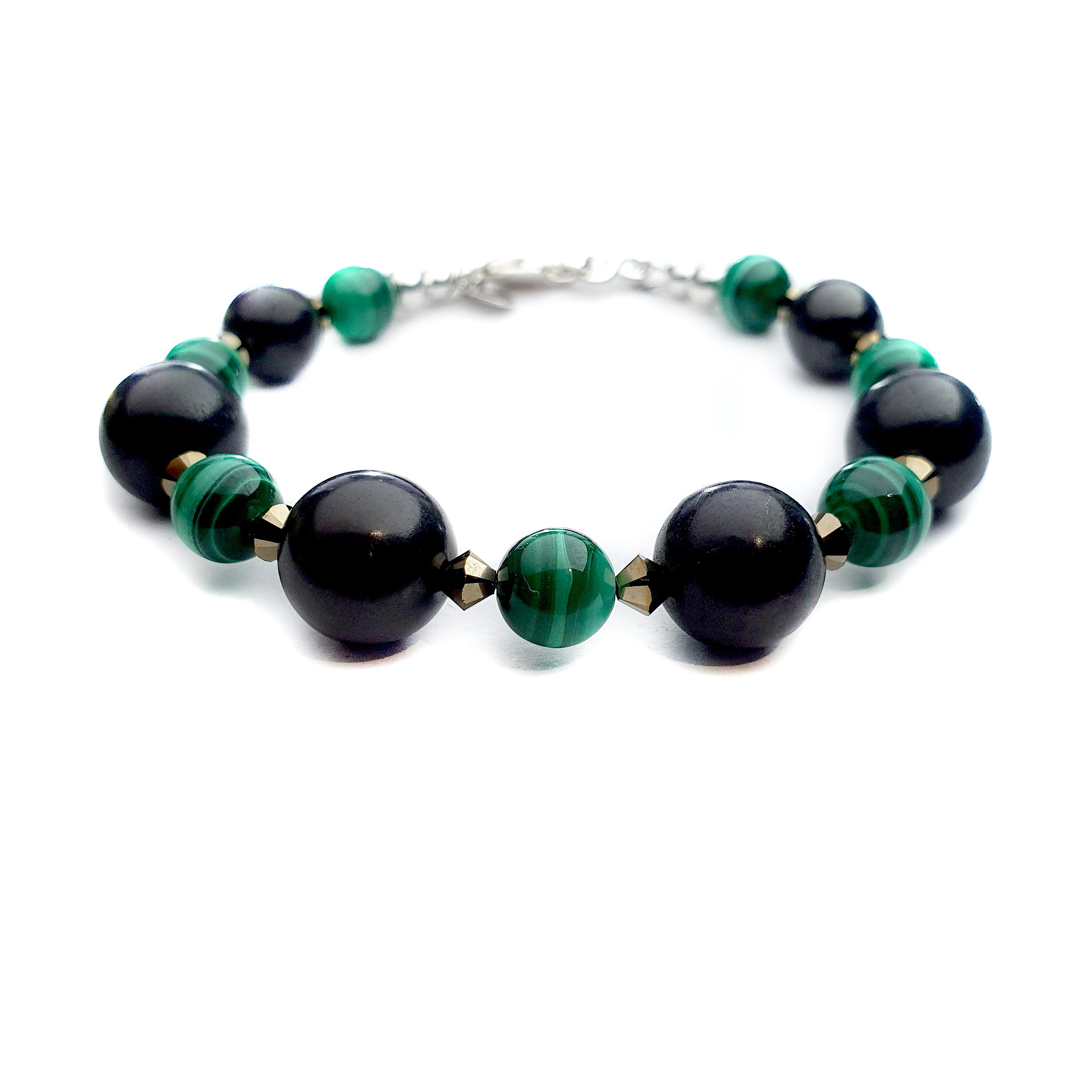 Shungite bracelet with Malachite and 925 sterling silver # Healing & Protection 