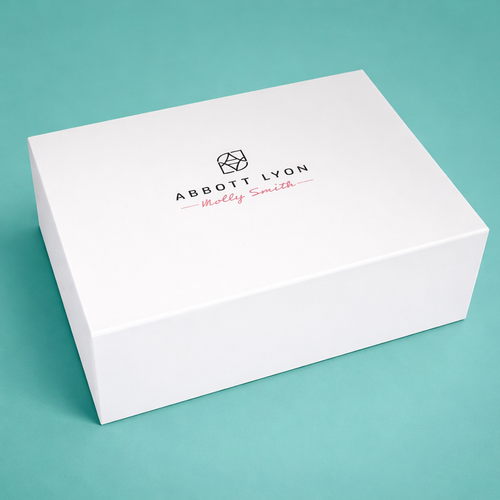A photo of a branded gift box on a turquoise background