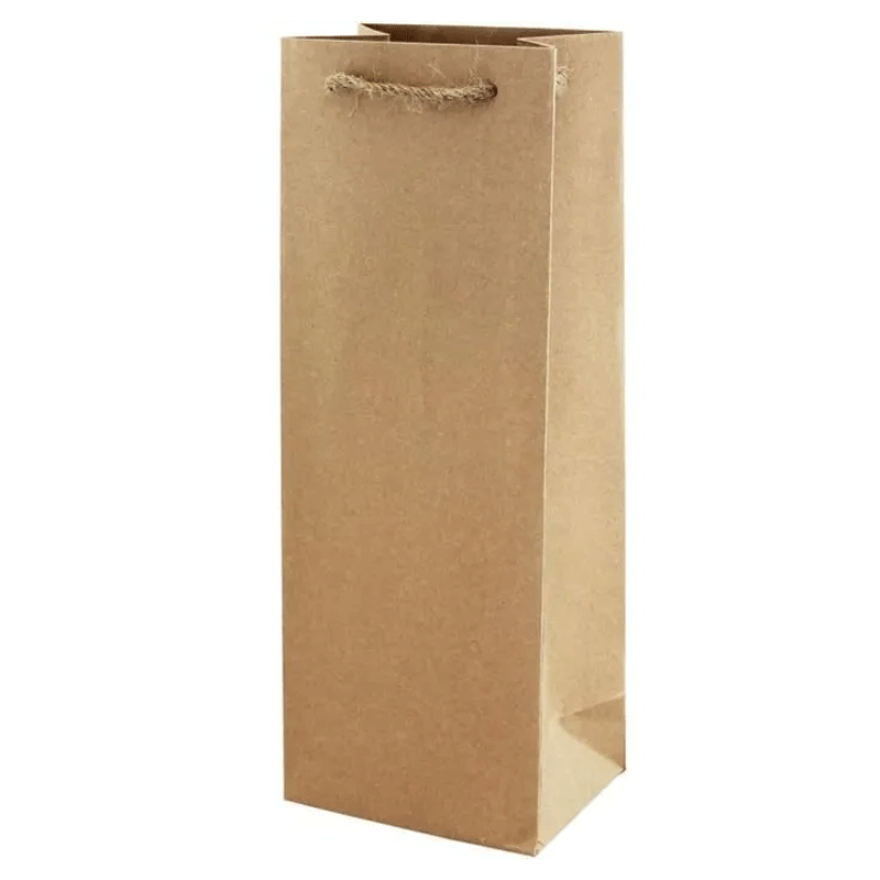 Plain brown kraft bottle gift bag on a plain white background