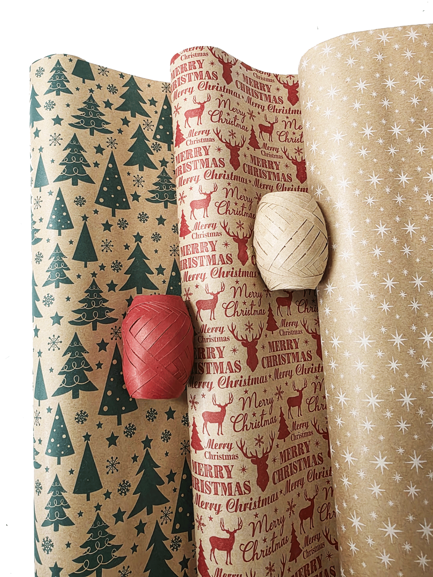 100% Recycled Xmas Kraft Paper and 100% Recycled Ribbon Cops.