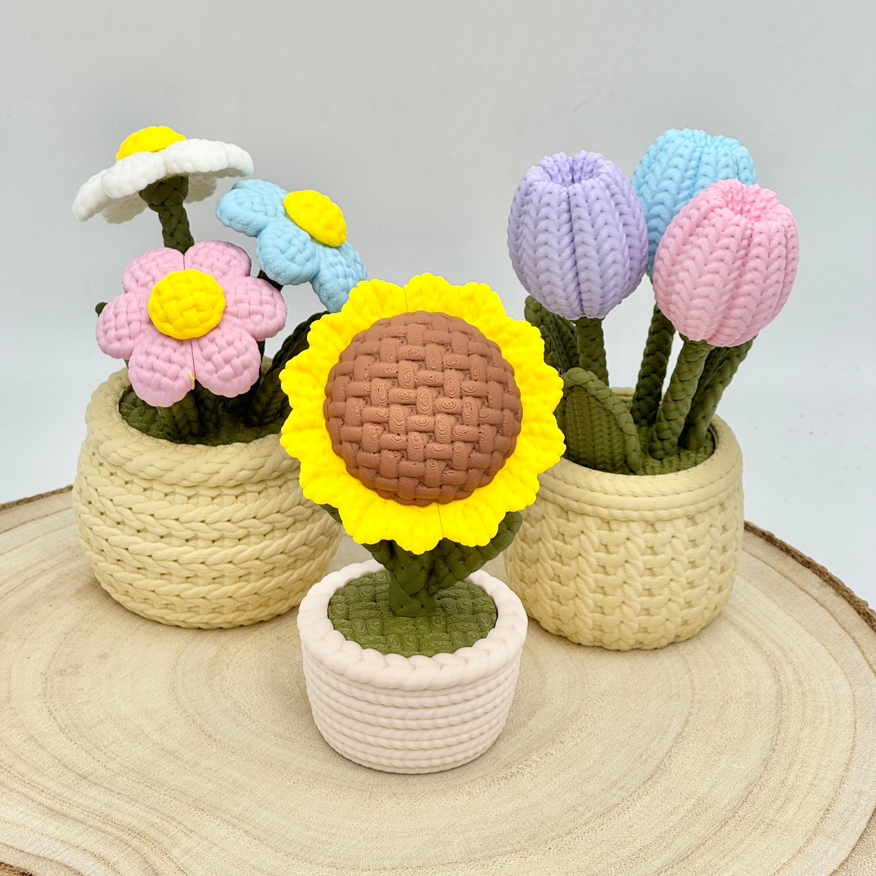 knitted effect daisies, tulips and sunflower