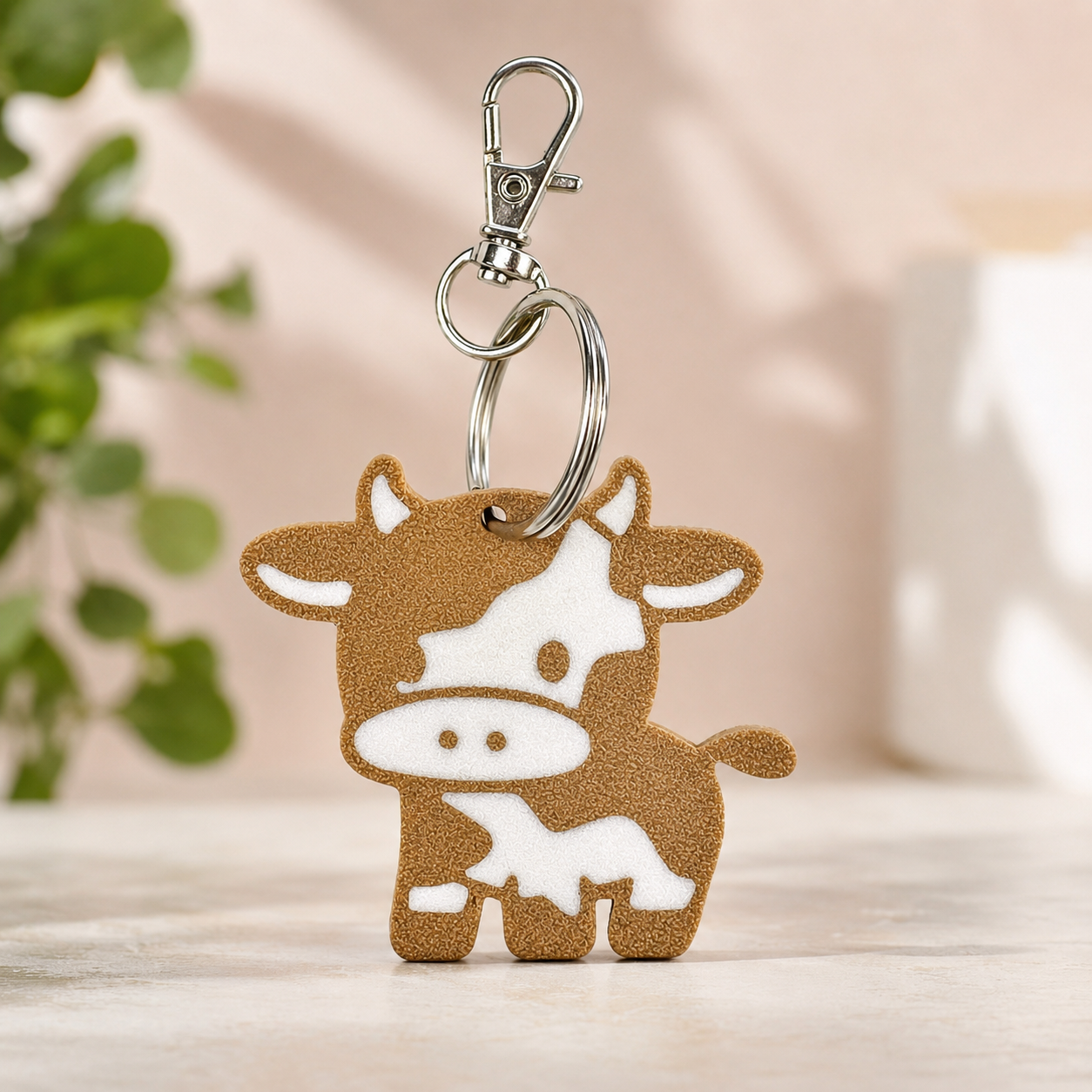 an image of a cute cow keyring in brown and white