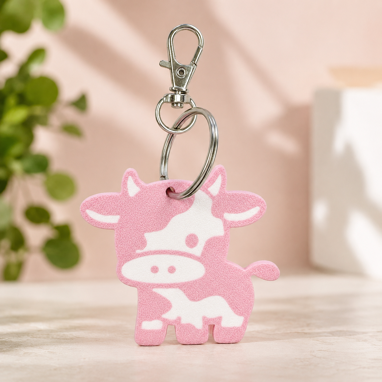 an image of a cute cow keyring in pink and white
