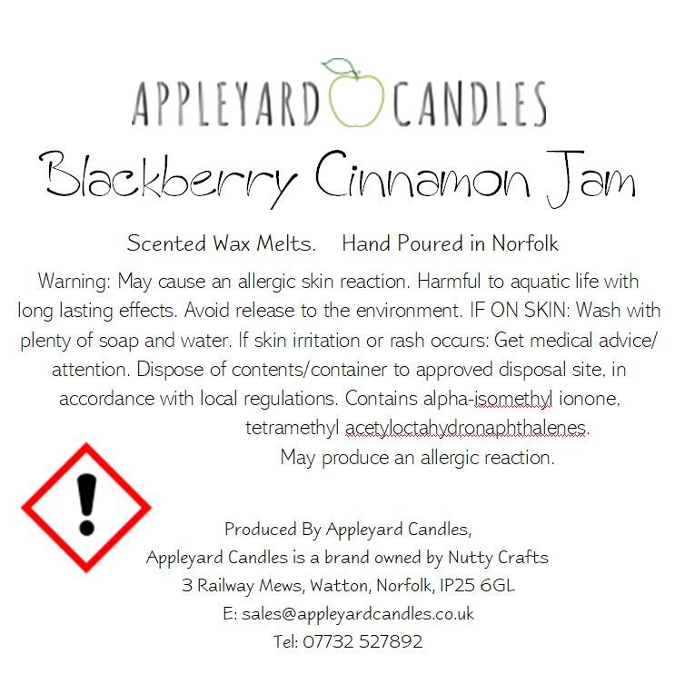 An image of the CLP label for our blackberry fragranced wax melts