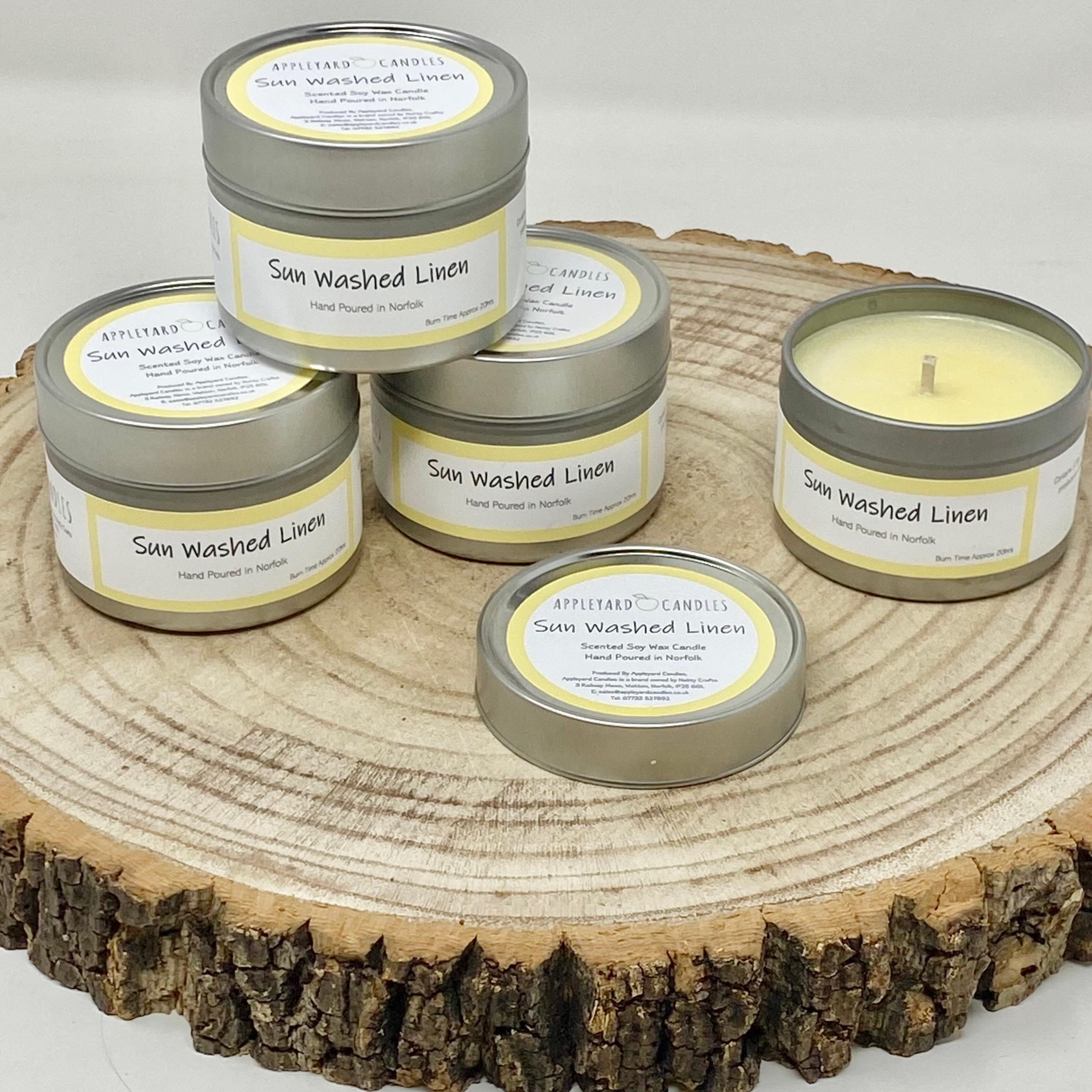 an image of sun washed linen scented candle in aluminium tins