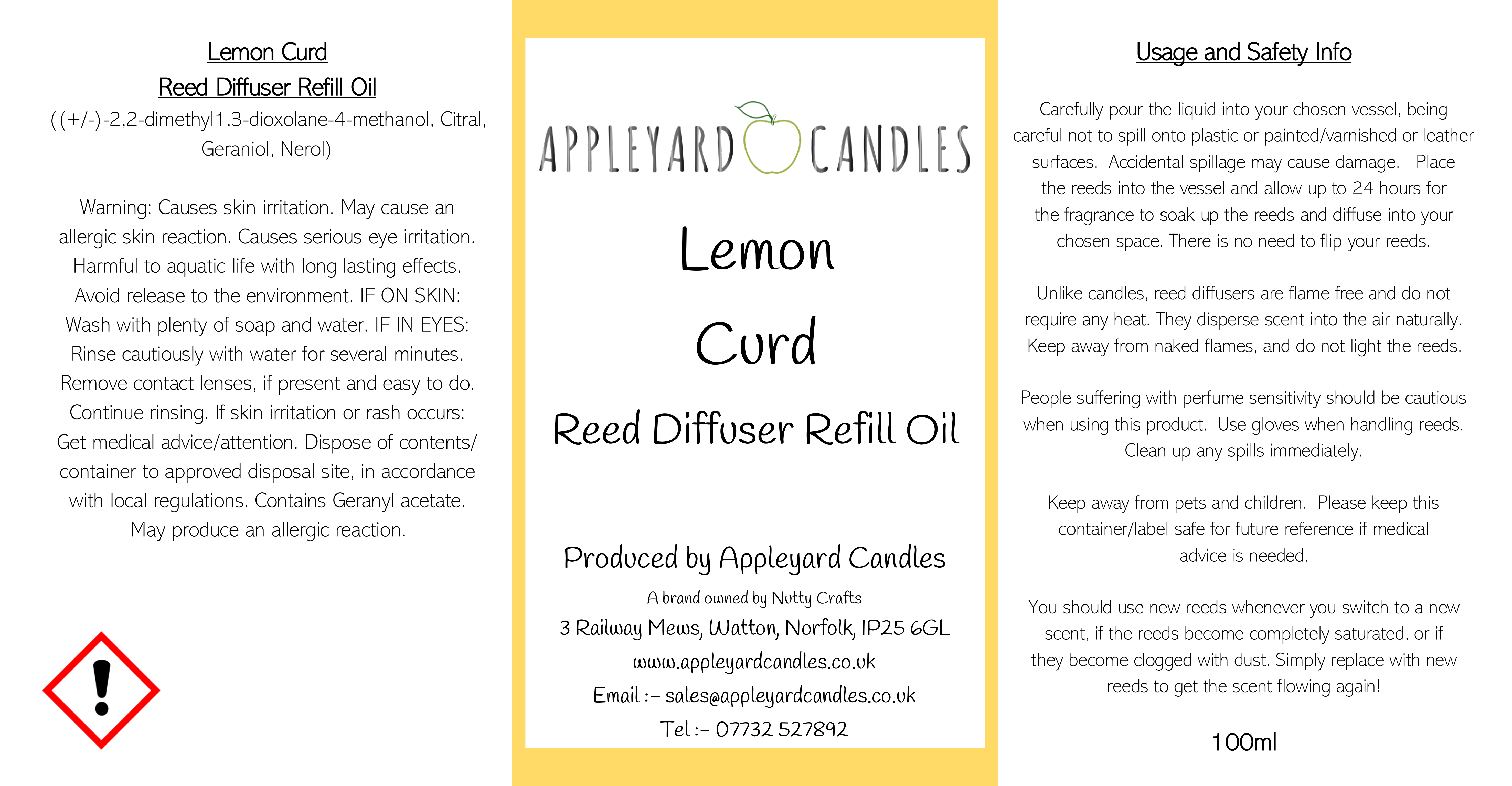 an image of the clp label for lemon curd reed diffuser refil