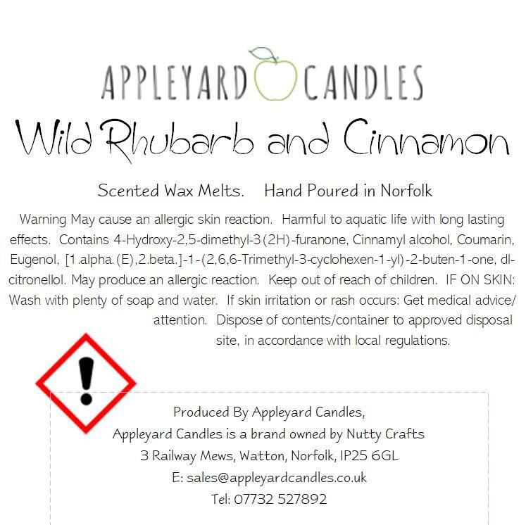 An image of the CLP label for our cinnamon & rhubarb fragranced wax melts