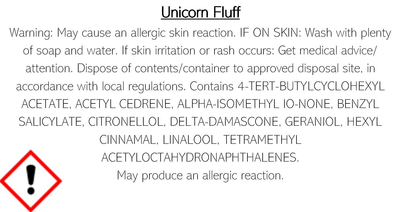 an image of the clp information for unicorn fluff wax melts