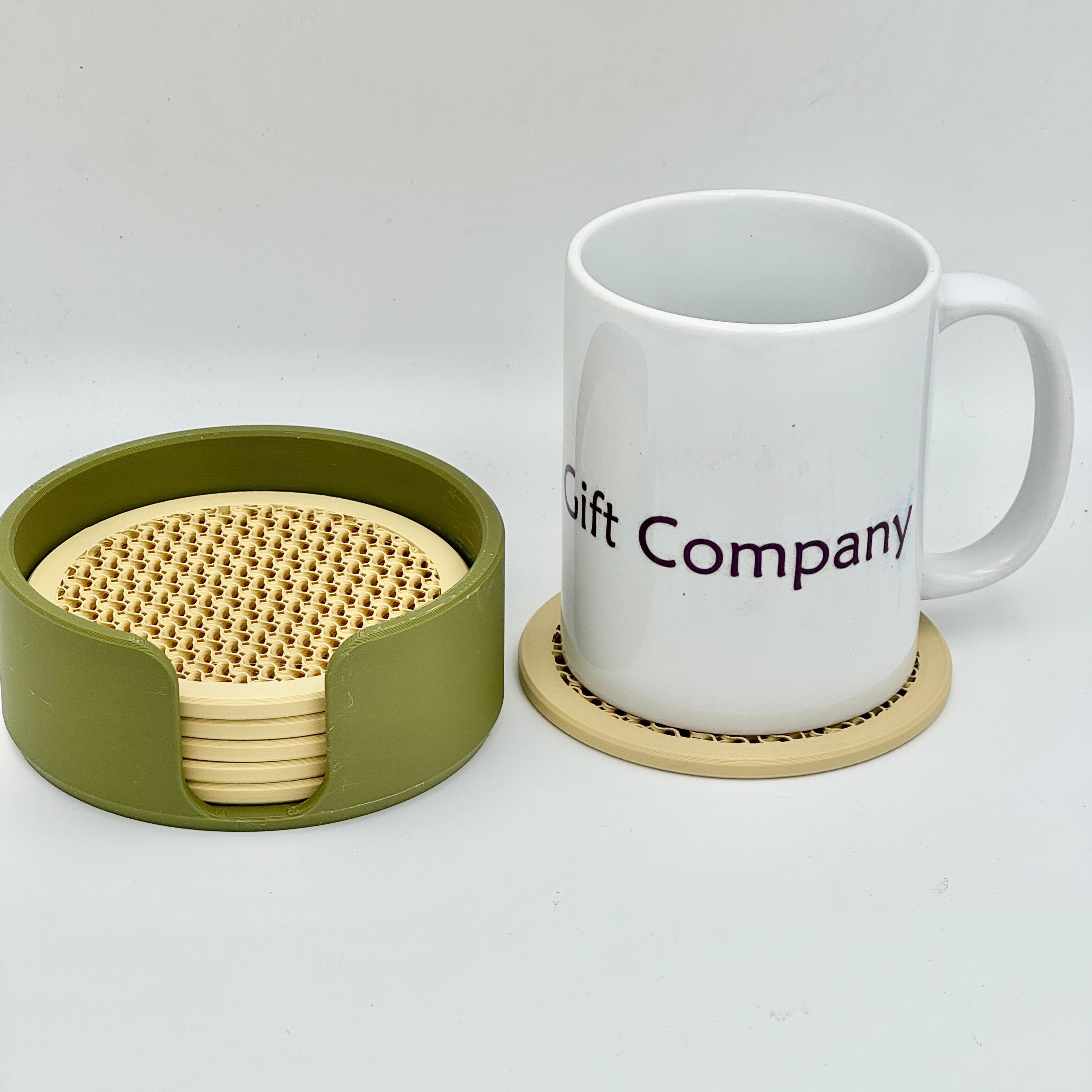 an image of the coaster set in olive green & beige