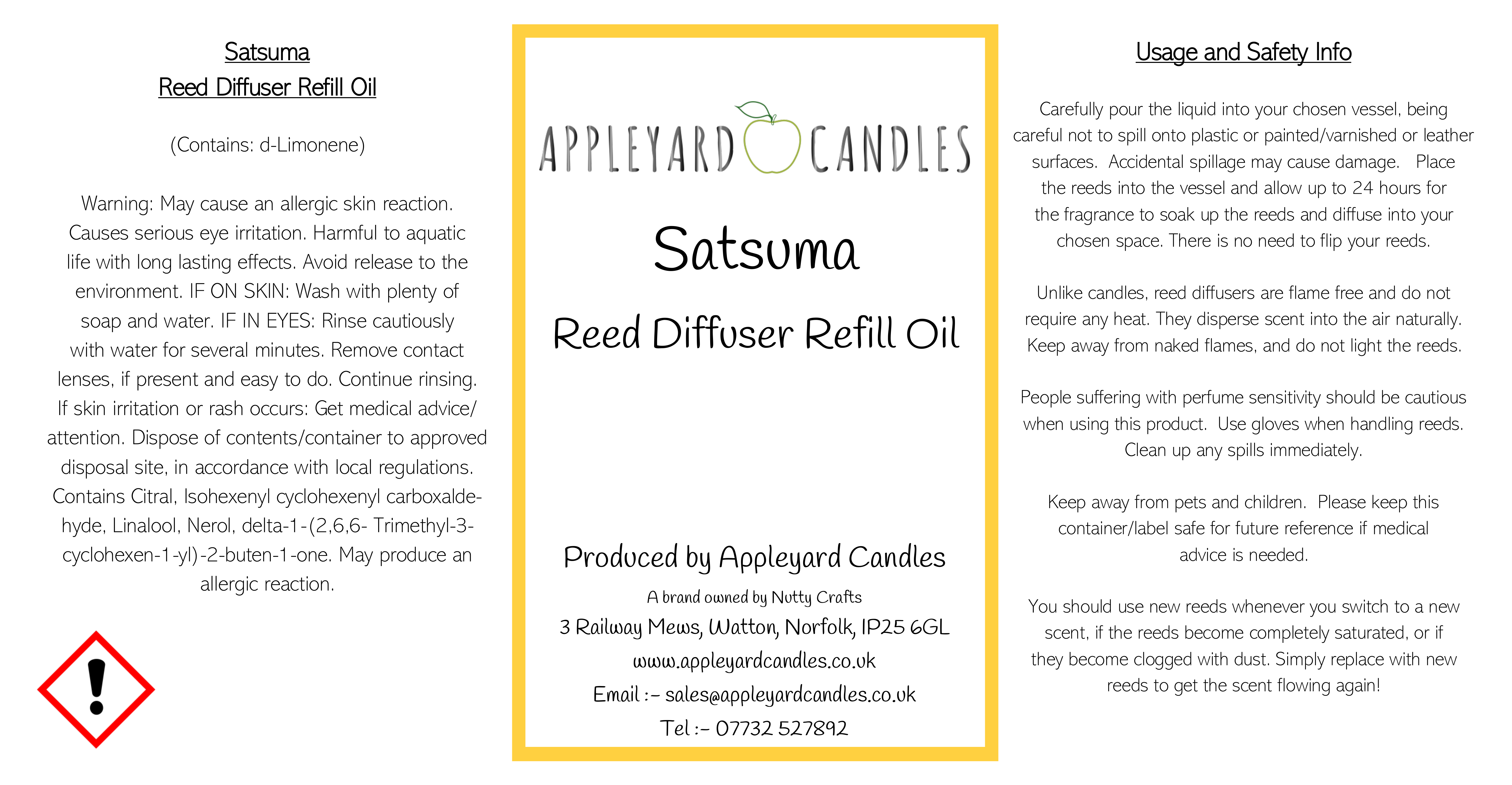 image of clp label for satsuma reed diffuser refil