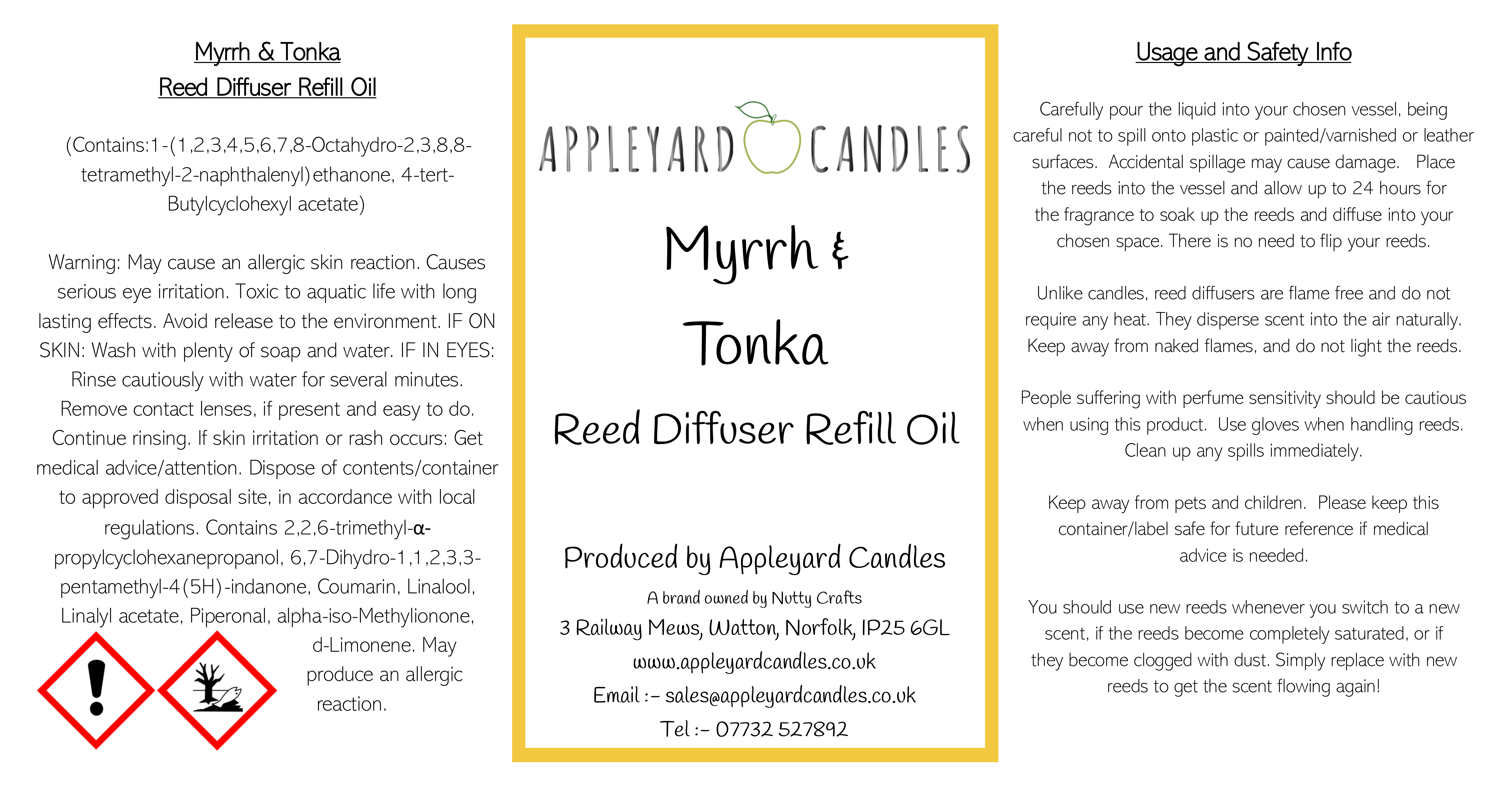 image of myrrh & tonka reed diffuser clp label