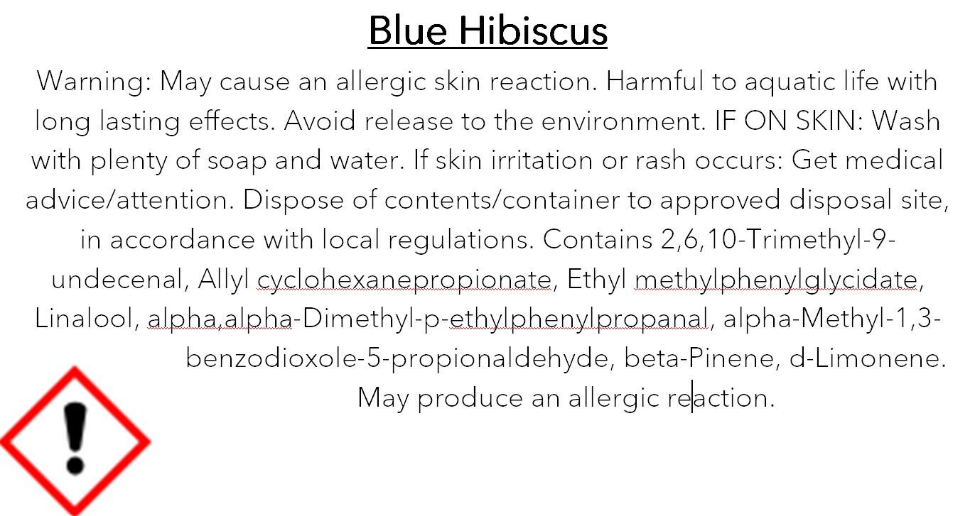 an image of the clp information for blue hibiscus fragranced wax melts