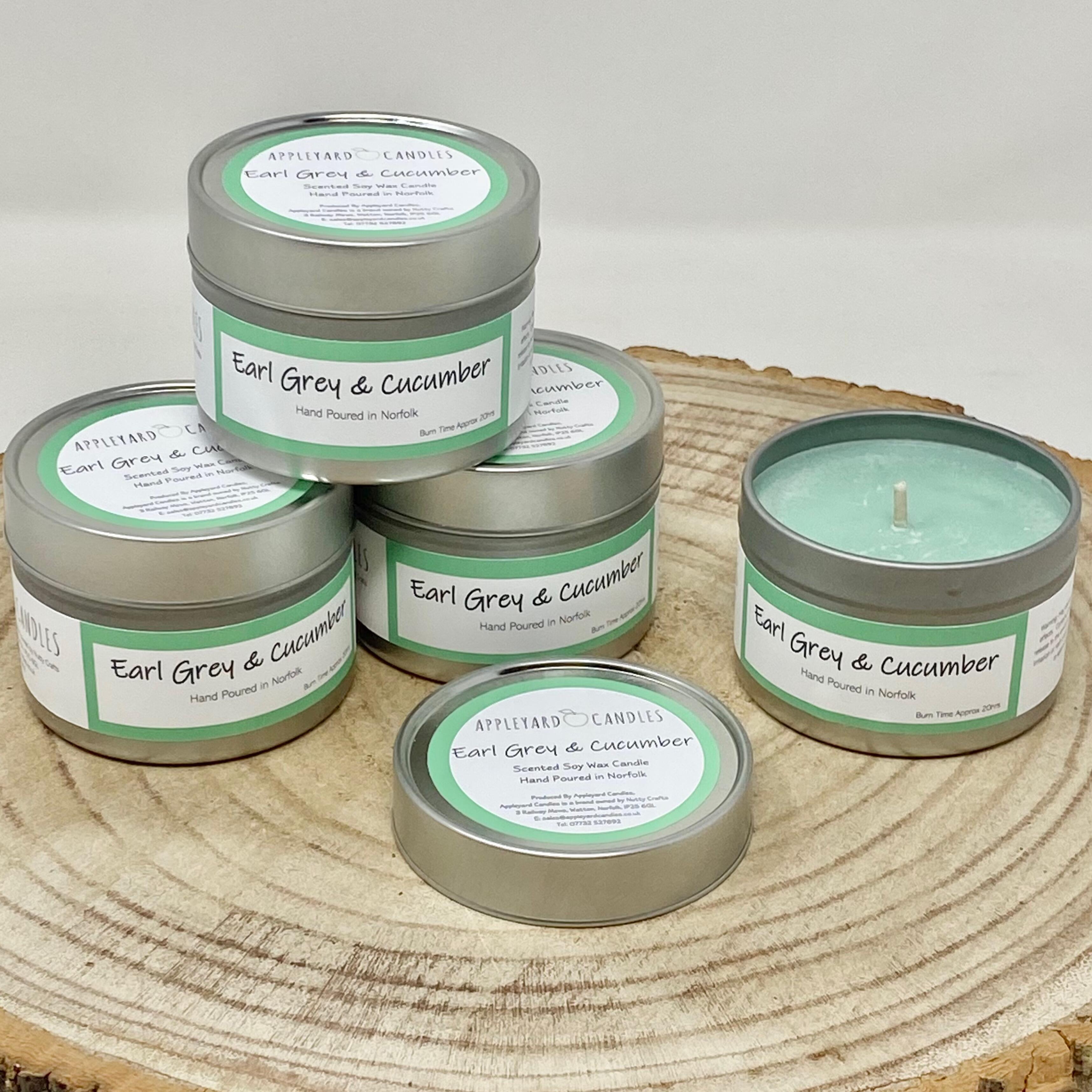 Image of an earl grey & cucumber candle in a silver tin