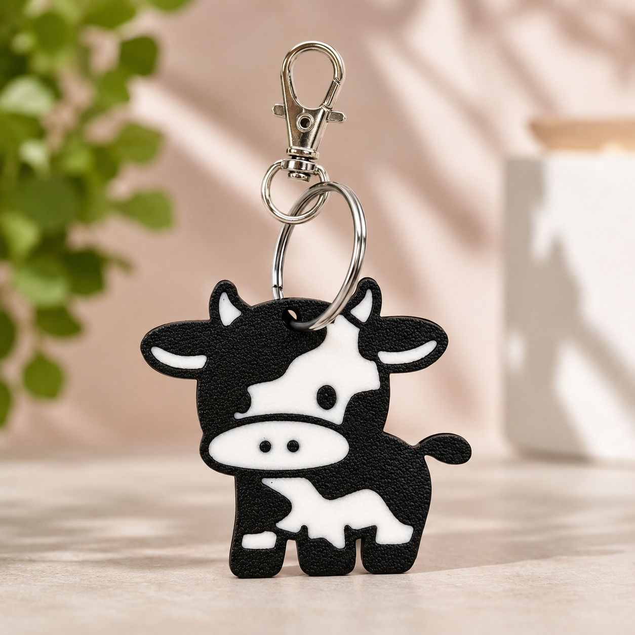 an image of a cute cow keyring in black and white